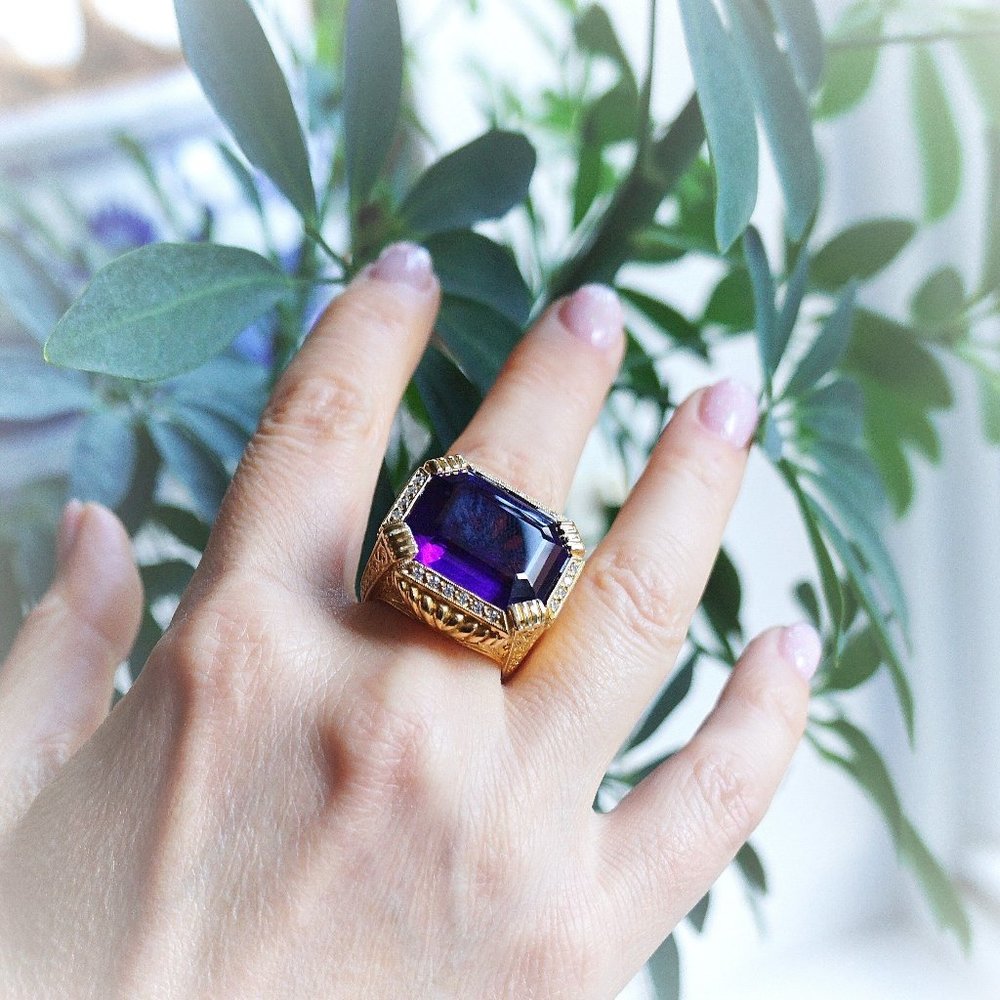 Gold-Diamond Bishop Ring, Oversized amethyst ring, Rectangular  amethyst ring